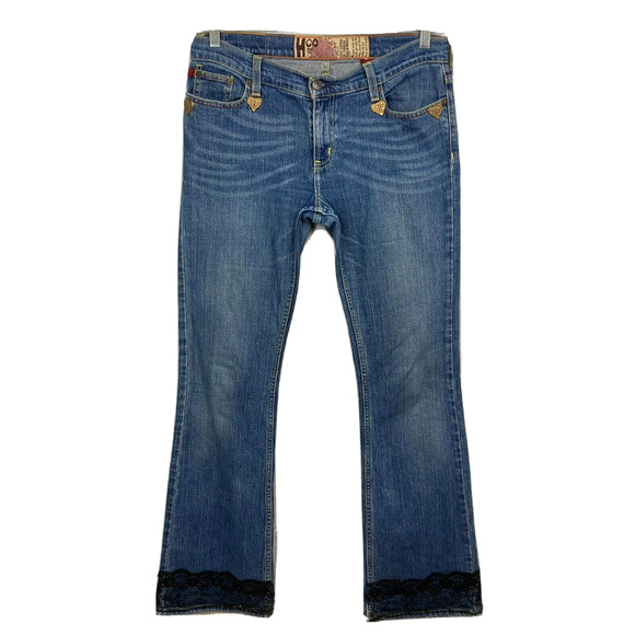 Hollister‎ Jeans Womens Juniors Sz 11L Long Blue Denim Black Lace Trim Flare - Picture 1 of 10